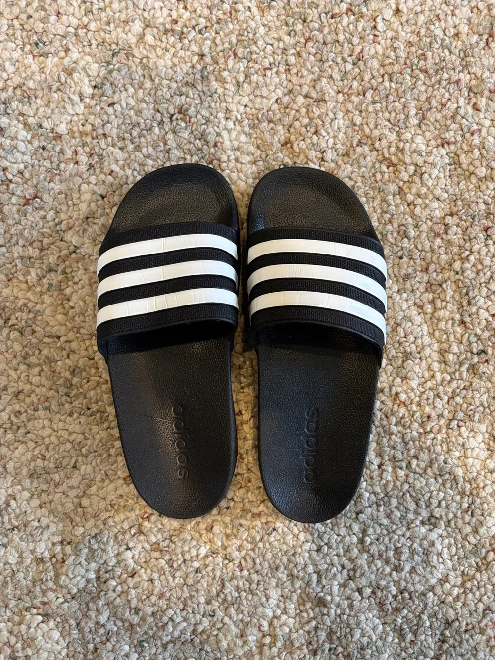 adidas Black Slides with White Three-Stripes